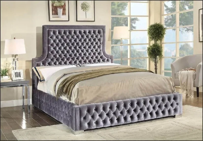 Queen - size mattresses for couples and standard bedroomsGrey Velvet Fabric Nailhead Bed