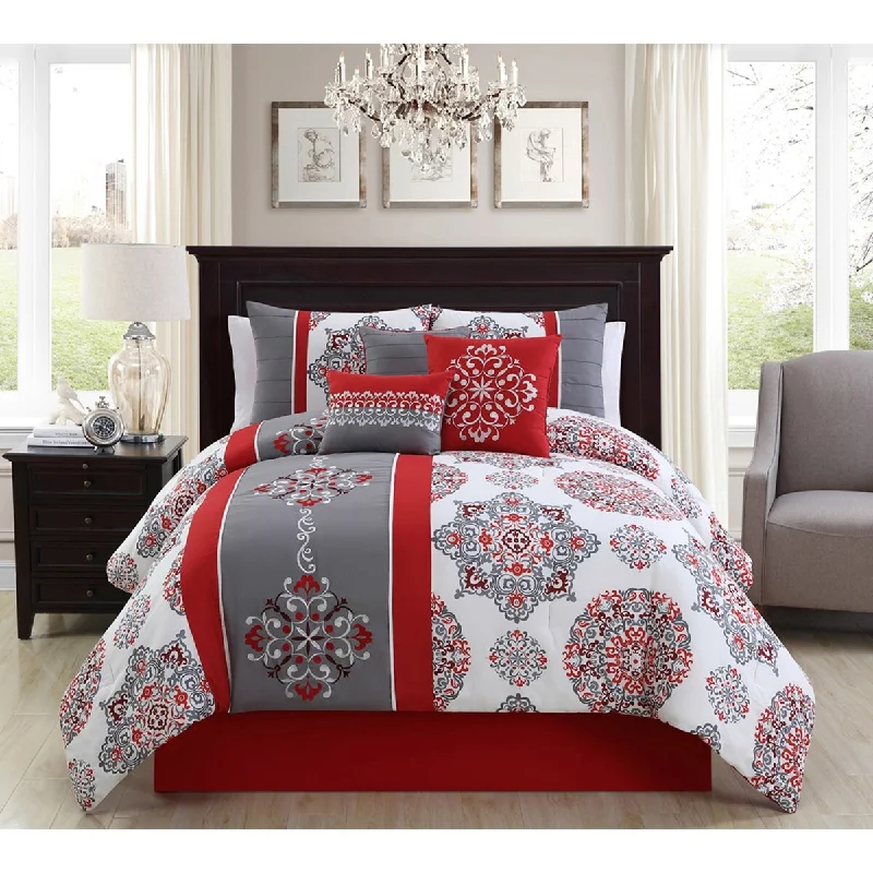 Porch & Den Milada Red/Grey/White Microfiber 7-piece Comforter Set